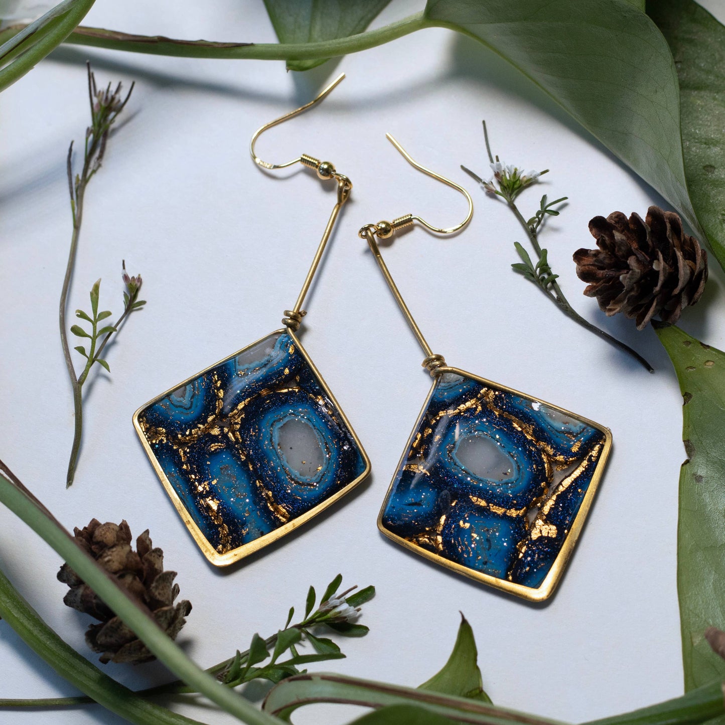 Diamond Dangle | Gold Frame Statement Earrings | Handmade