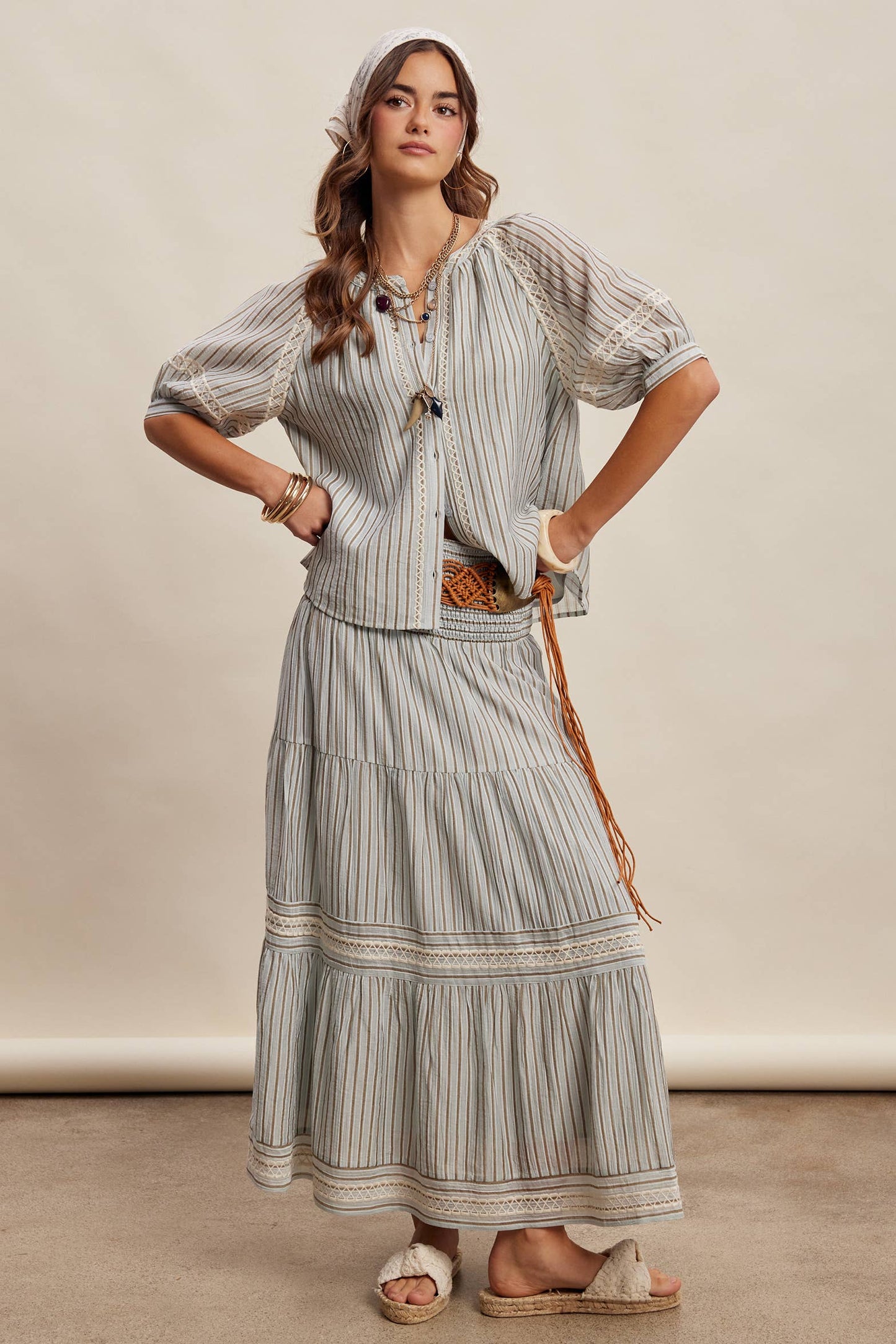 Striped Smocked Maxi Skirt with Embroidery Accents LSK0280