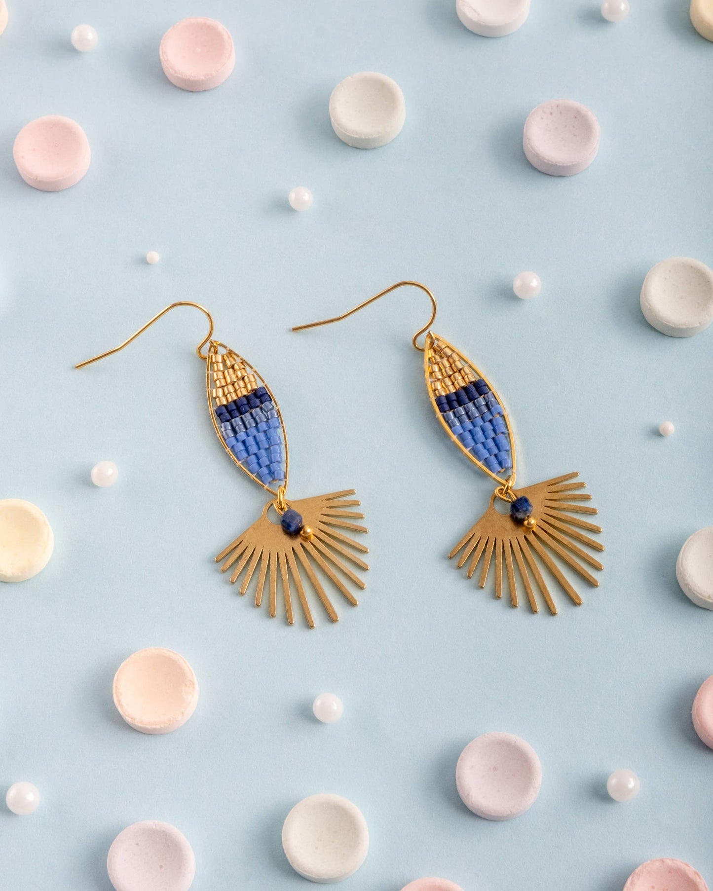 Beaded Handwoven Cotton Candy Dangle Earrings (Blue)
