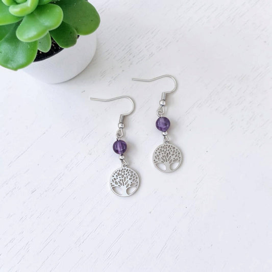 Small Amethyst Tree of Life Stainless Earrings