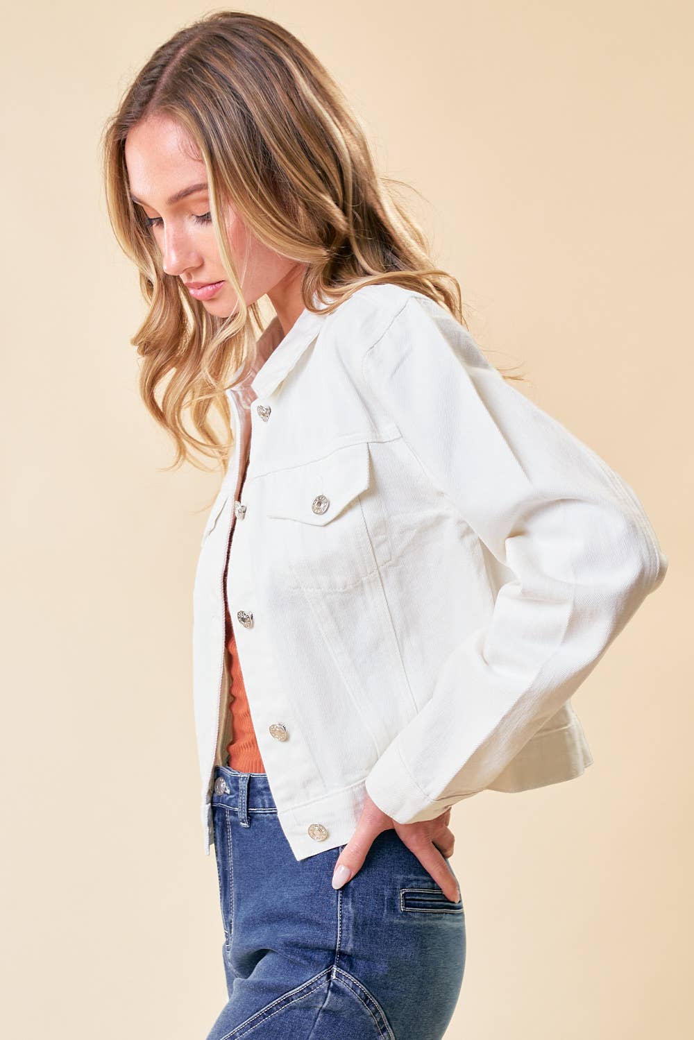IVORY ESCAPE OFF WHITE DENIM CROPPED BUTTON DOWN JACKET