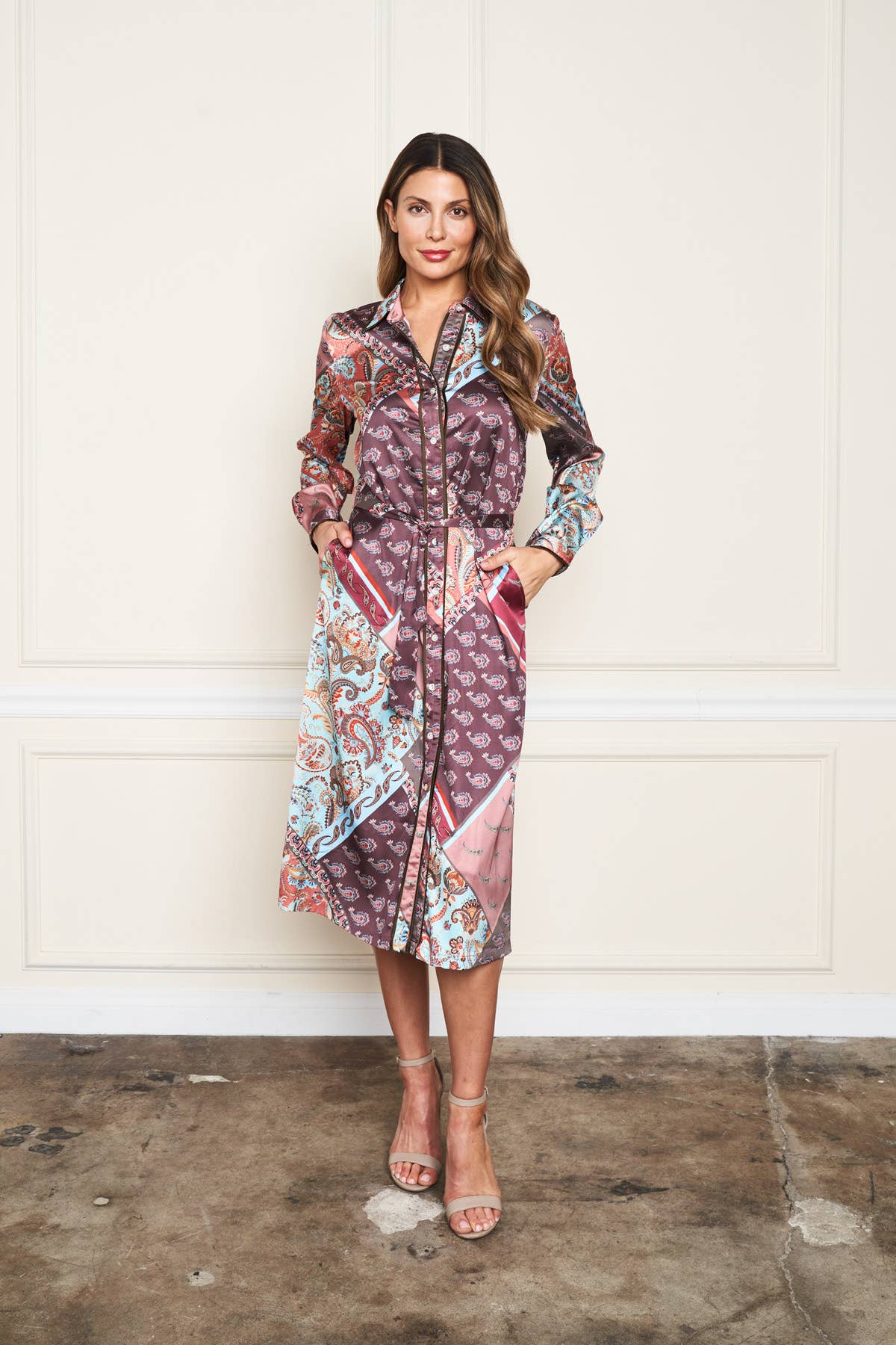 Satin Patchwork Print Shirt Dress w/Self Belt