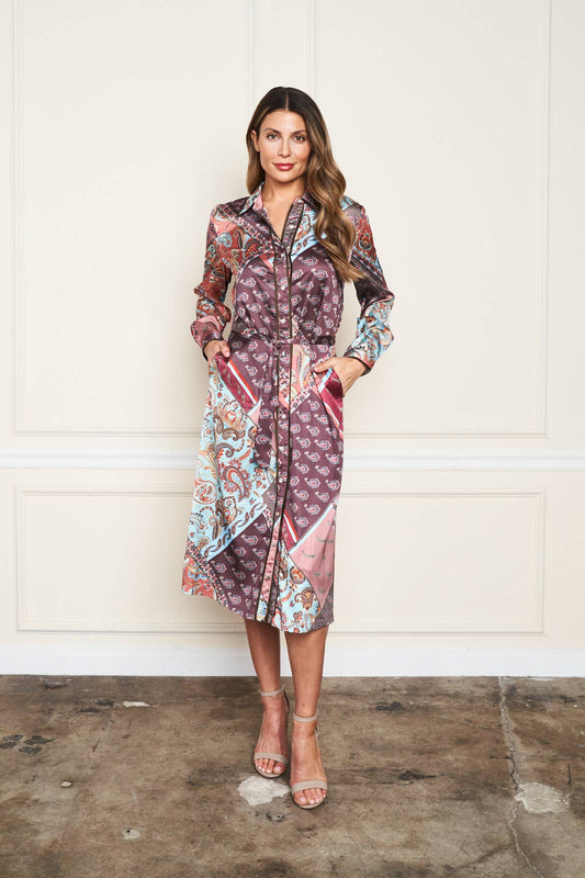 Satin Patchwork Print Shirt Dress w/Self Belt