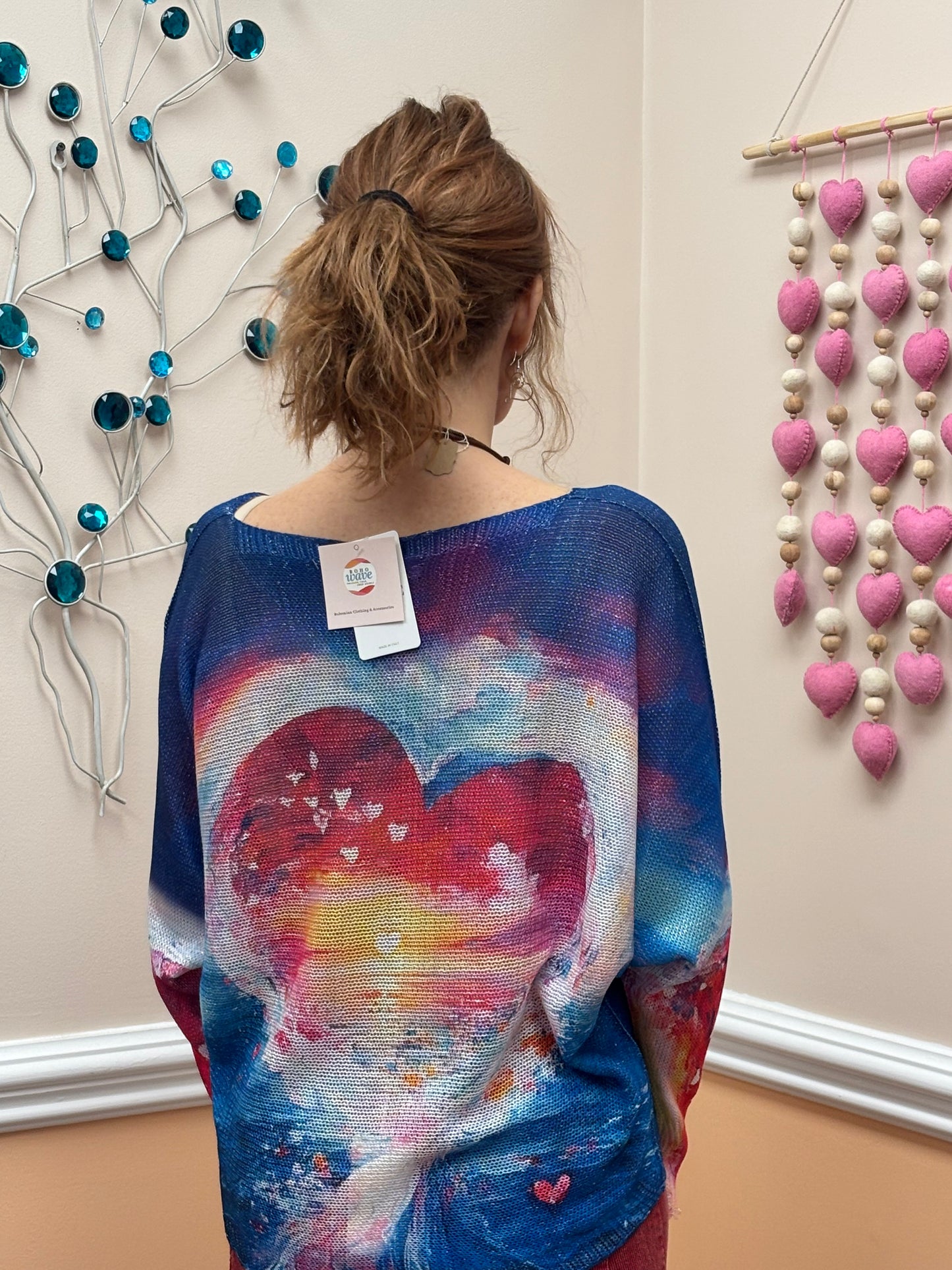 Sea Heart V-Neck Knit Printed Long Sleeves Sweater LOOWIE