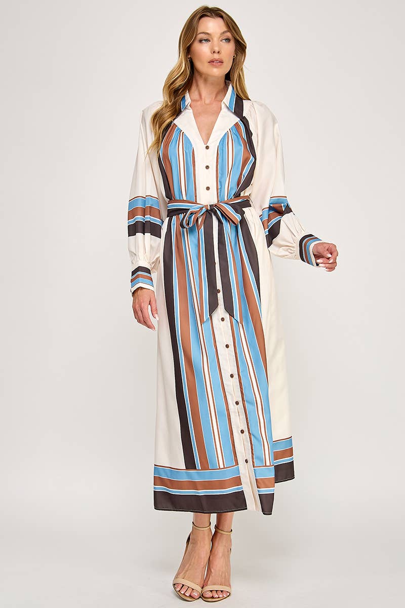 Belted Striped Button Down Maxi Shirt Dress