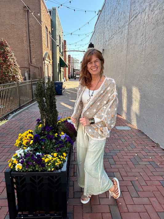 Soft Sage and Cream Crochet Kimono Cardigan