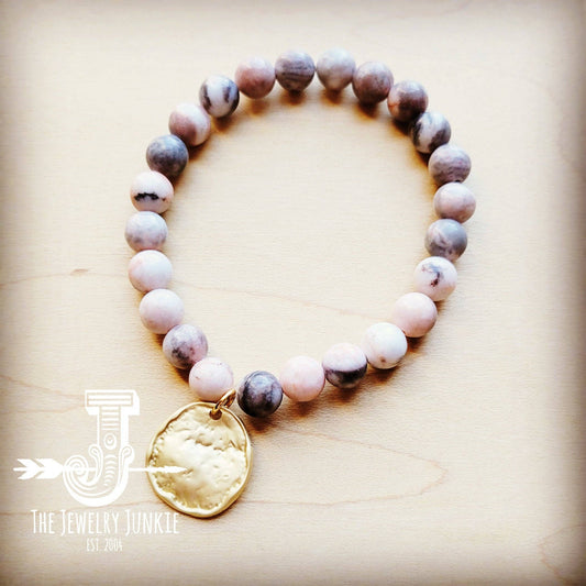 **Zebra Jasper Beaded Stretch Bracelet w/ Matte Gold Dangle