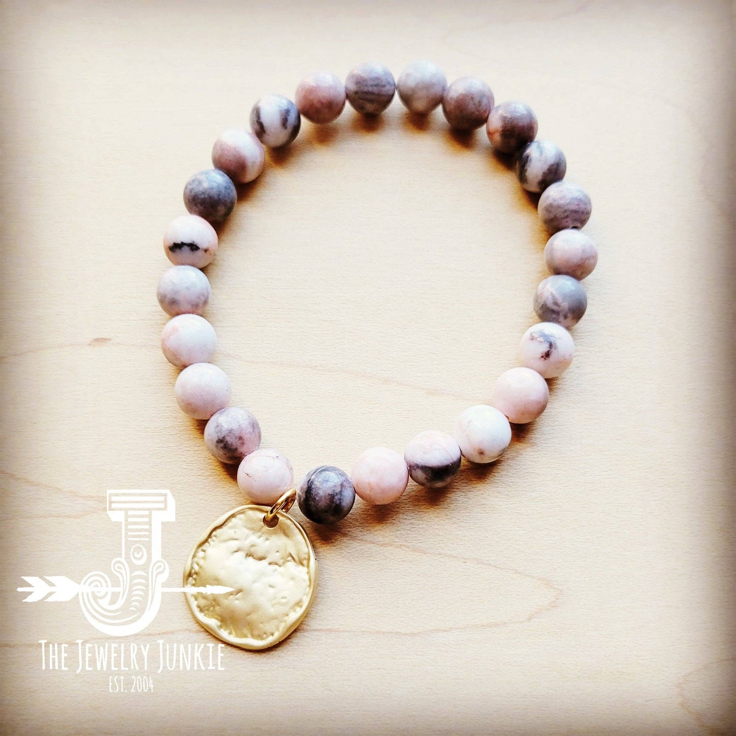 **Zebra Jasper Beaded Stretch Bracelet w/ Matte Gold Dangle