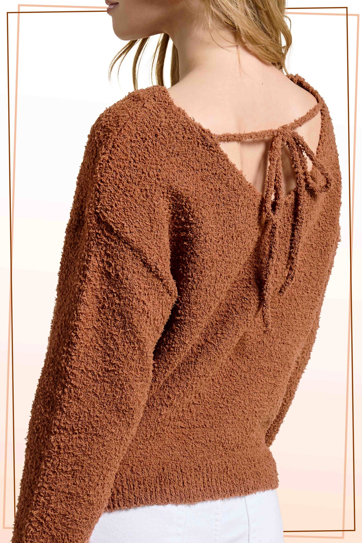 Fuzzy Reversible Drawstring V-Neck Sweater
