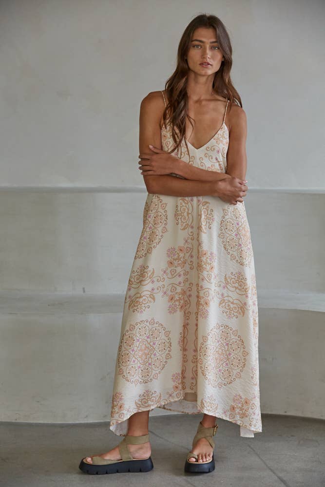 Woven Rayon Nylon Mandala Floral Print Midi Dress