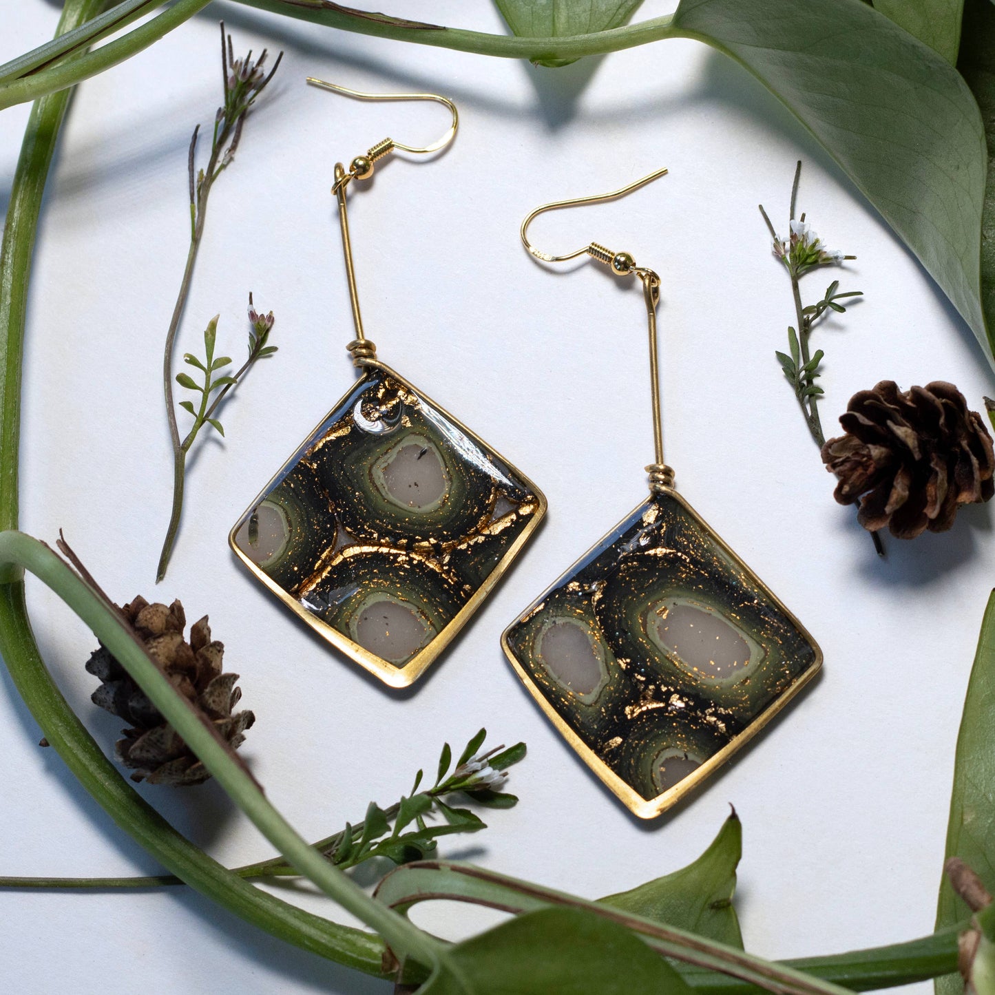 Diamond Dangle | Gold Frame Statement Earrings | Handmade