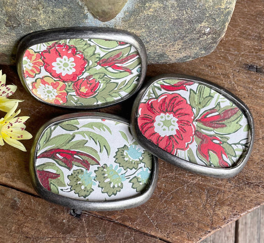 Belt buckle - earthy red blooms, garden greens, florals