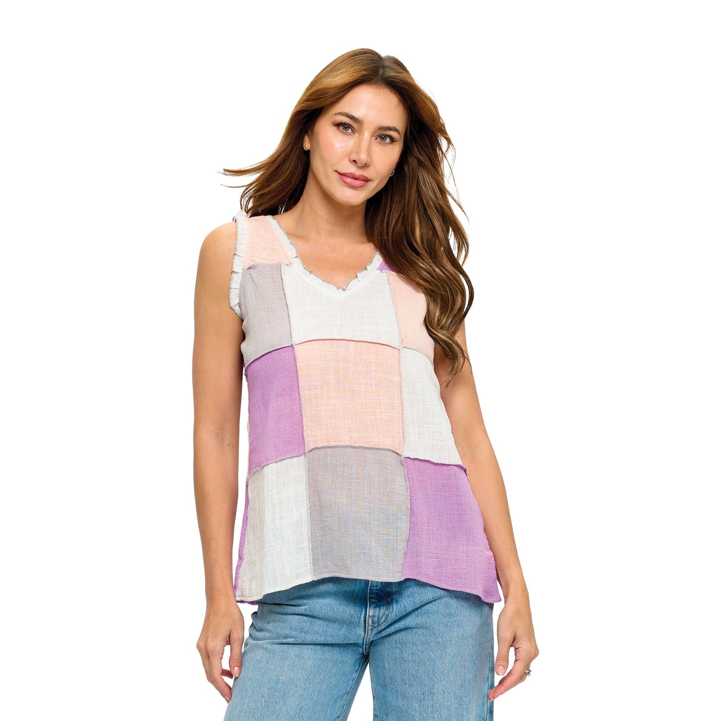 Boho Patchwork Colorblock Ruffle Details Top