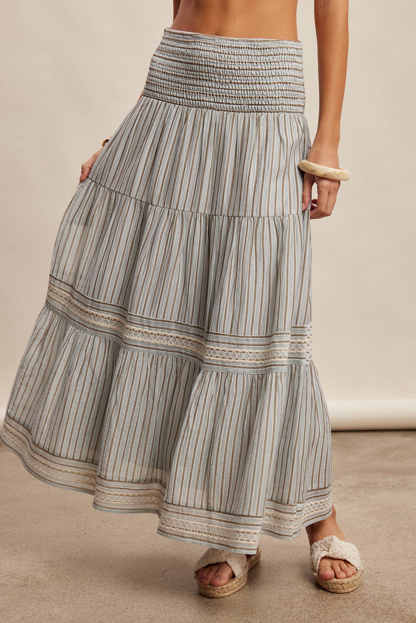 Striped Smocked Maxi Skirt with Embroidery Accents LSK0280