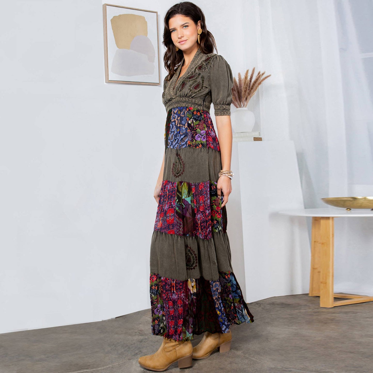 Eclectic Charm: Stone-Washed Rayon V-Neck Long Dress New