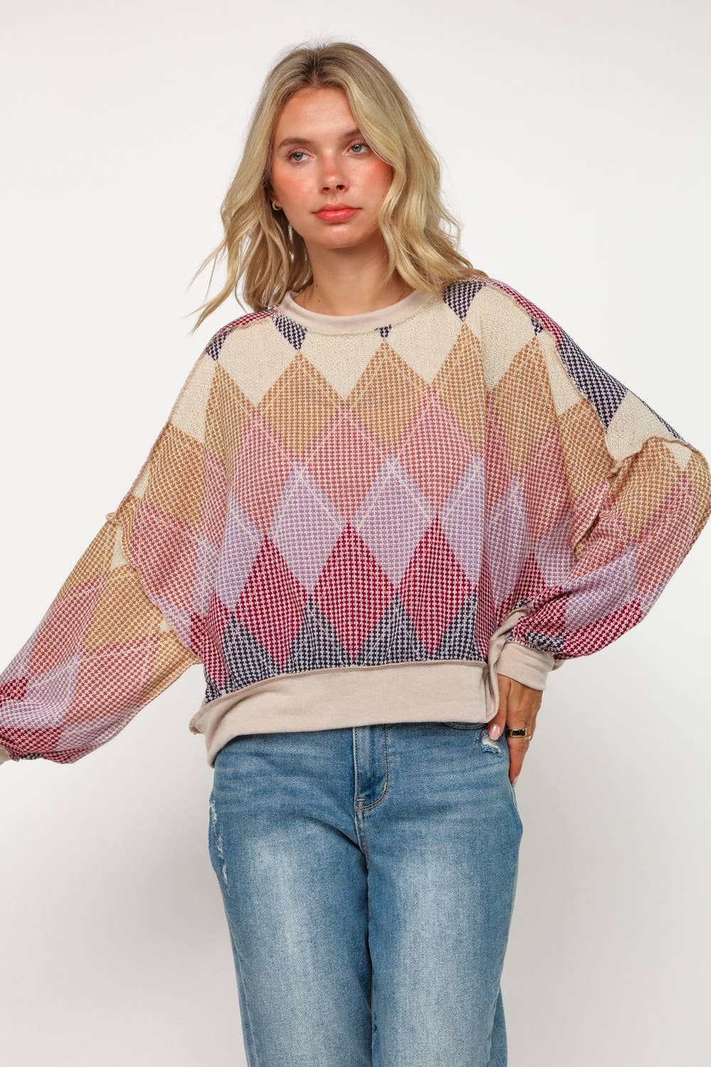 Argyle Print Oversized Long Sleeve Knit Top