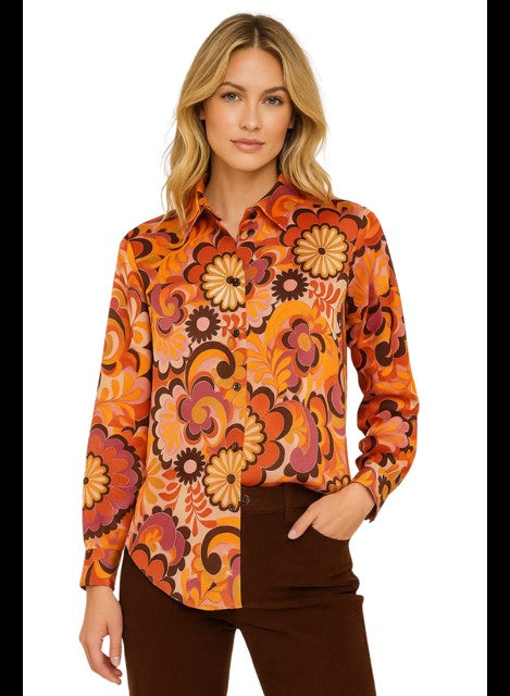 Floral Satin Button Front Shirttail Hem Blouse