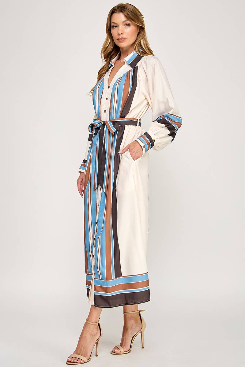 Belted Striped Button Down Maxi Shirt Dress