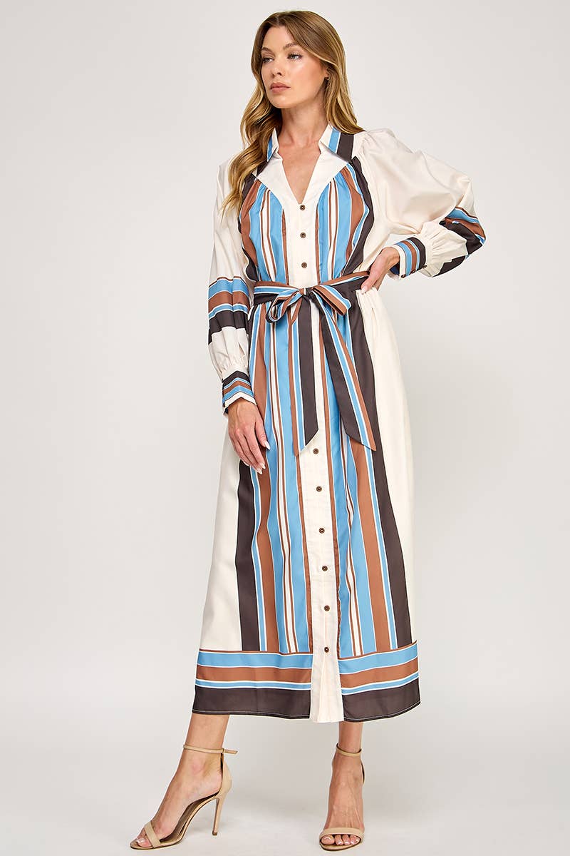 Belted Striped Button Down Maxi Shirt Dress
