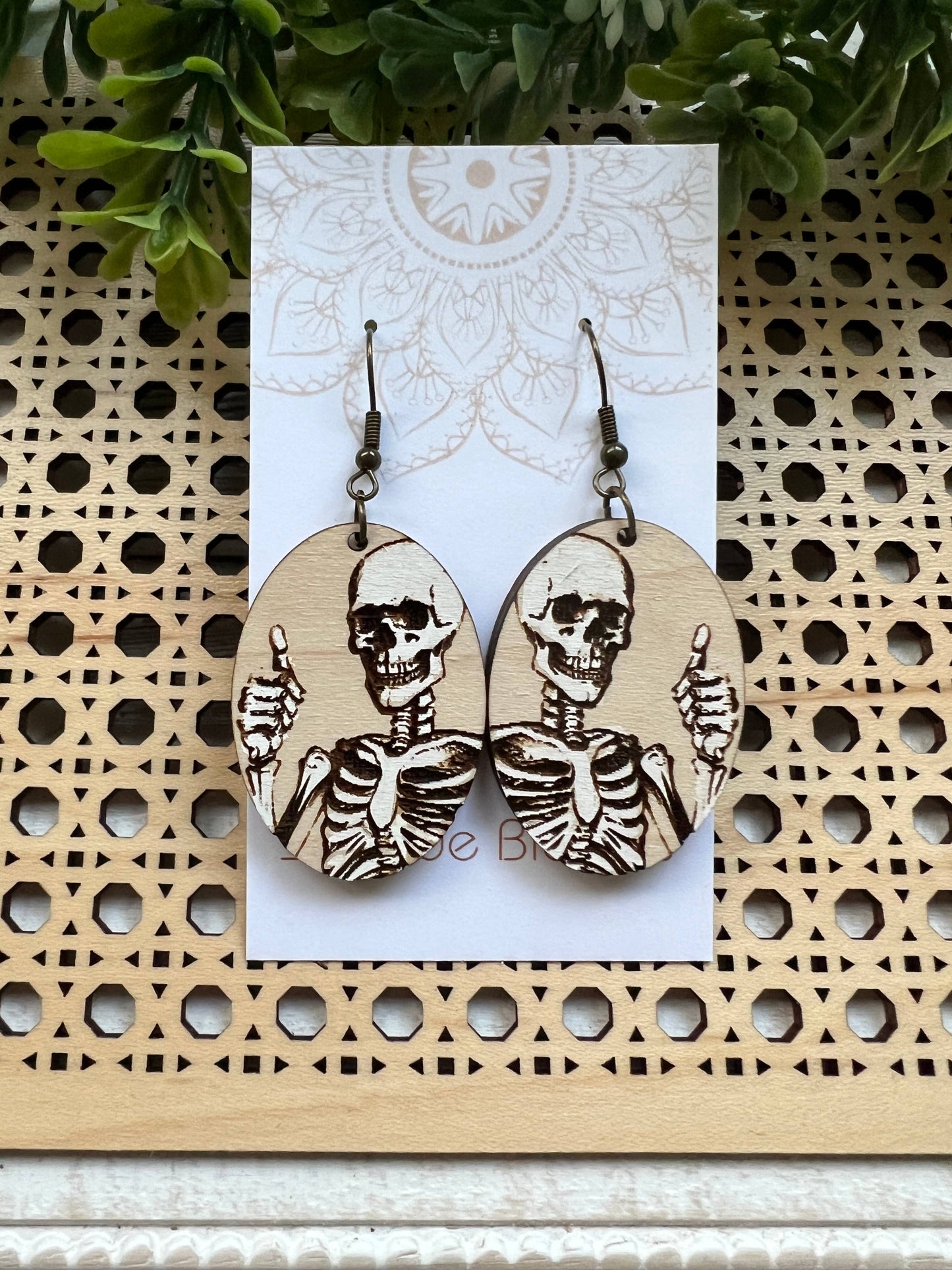Skeleton hand painted lightweight wood earrings