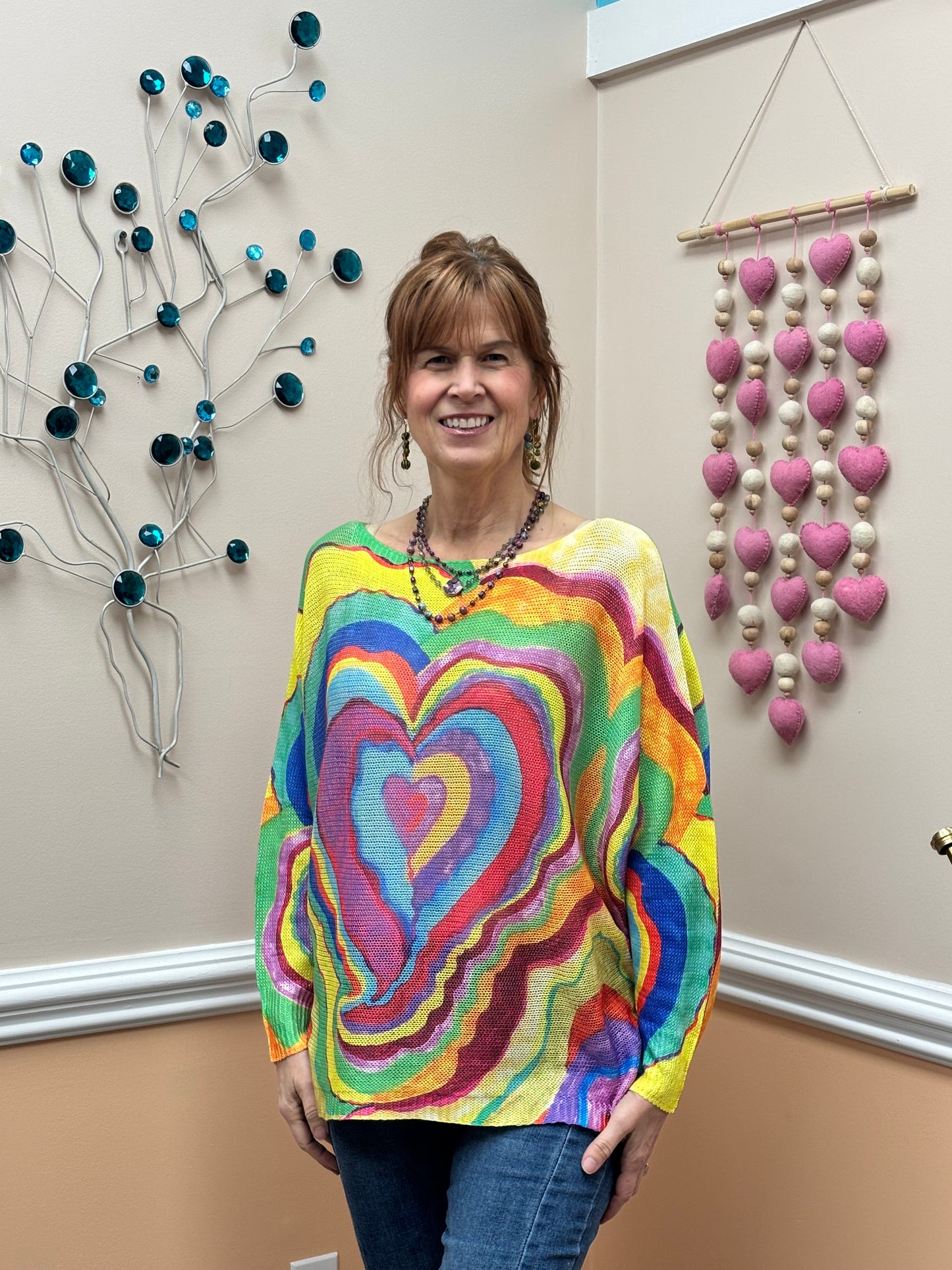 Multi Hearts Round Knit Printed Sweater LOOWIE