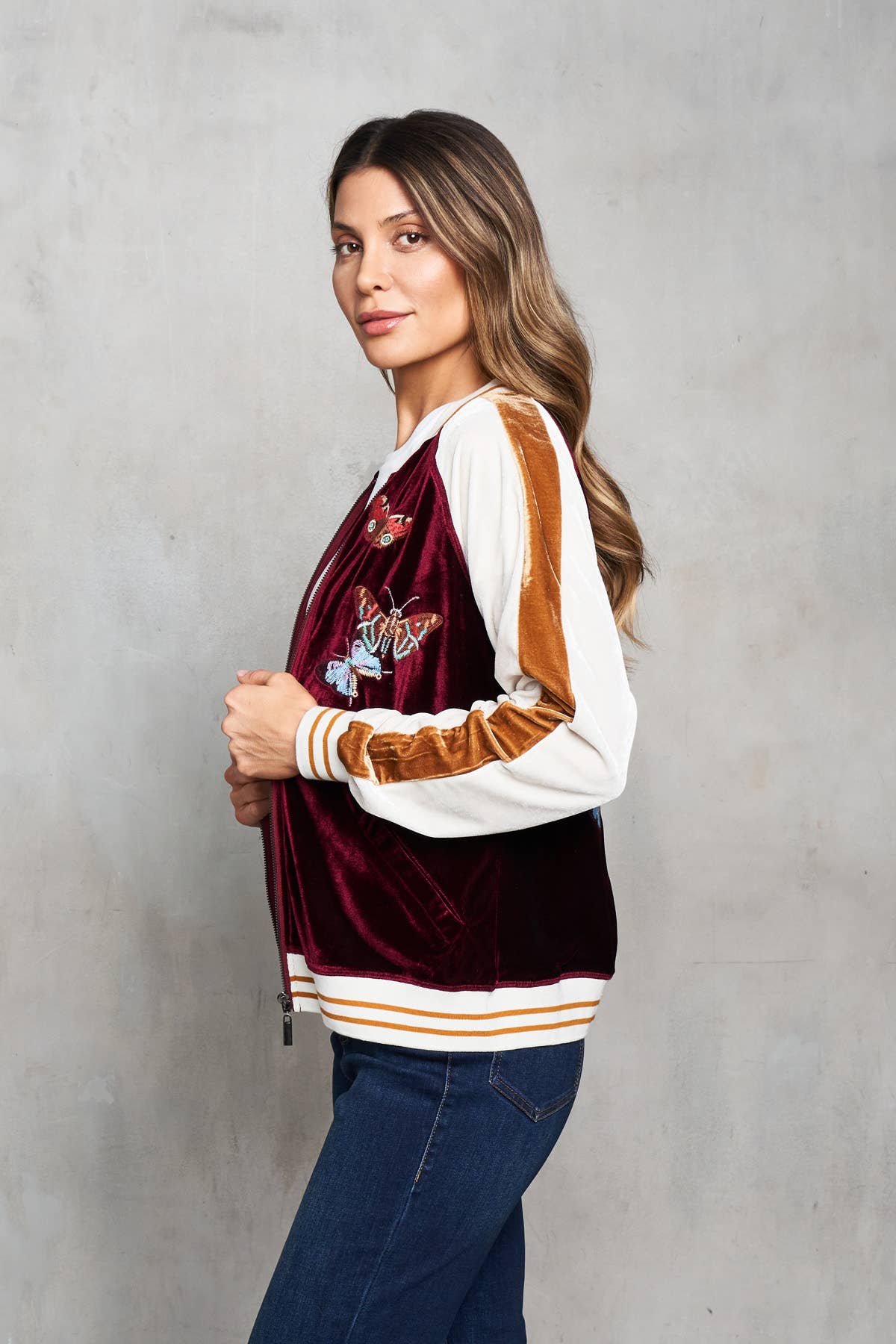 Velvet Embroidered  Baseball Jacket with Butterflies
