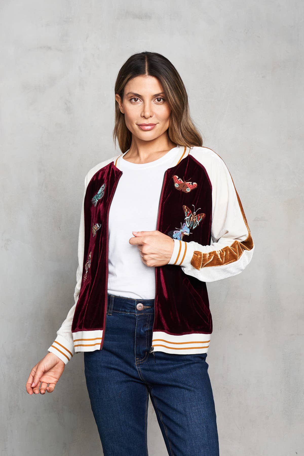 Velvet Embroidered  Baseball Jacket with Butterflies