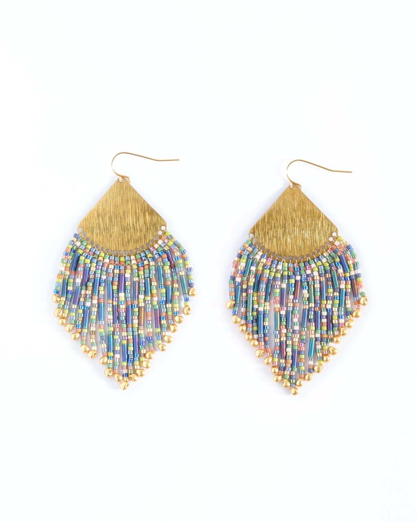 Beaded Handwoven Confetti Fringe Earrings (Purple/Rust)