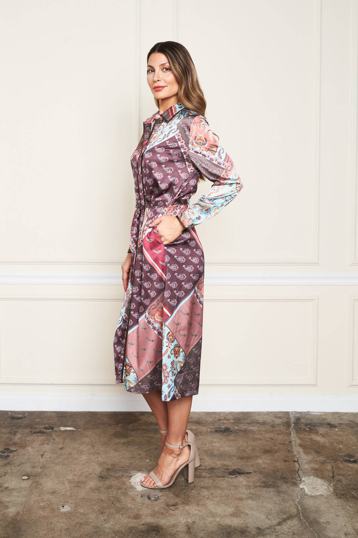 Satin Patchwork Print Shirt Dress w/Self Belt