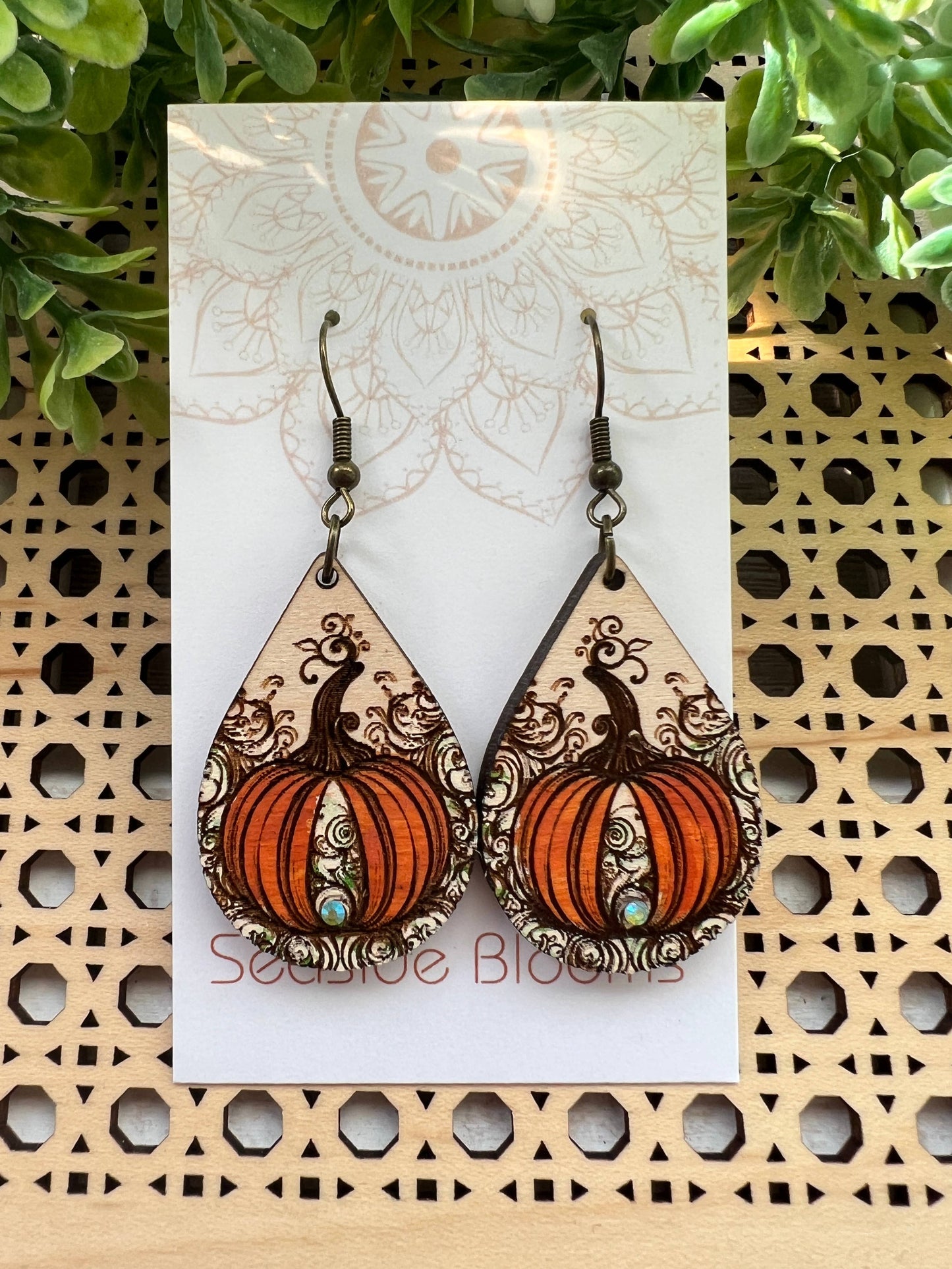 Pumpkin  hand painted lightweight  maple wood earrings   