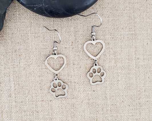 Stainless Steel Heart Connector with Dog Charm Earrings