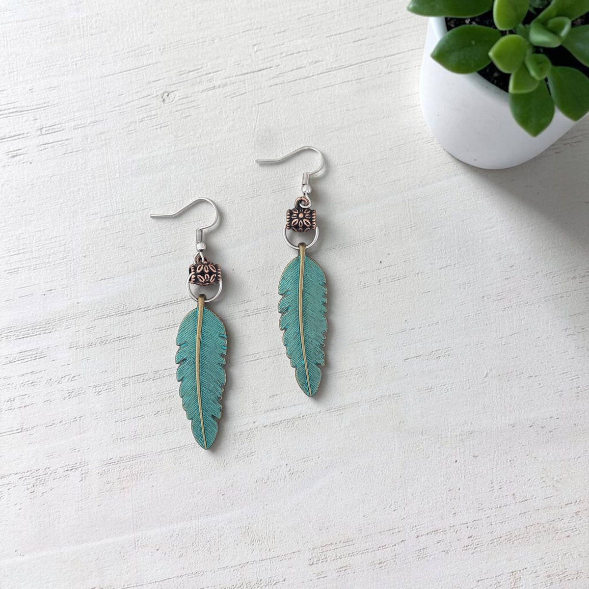 Patina Feather &  Stainless Earrings