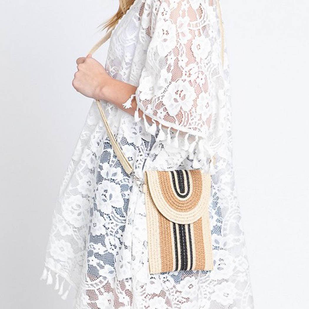 STRIPED PATTERN STRAW CELLPHONE CROSSBODY BAG