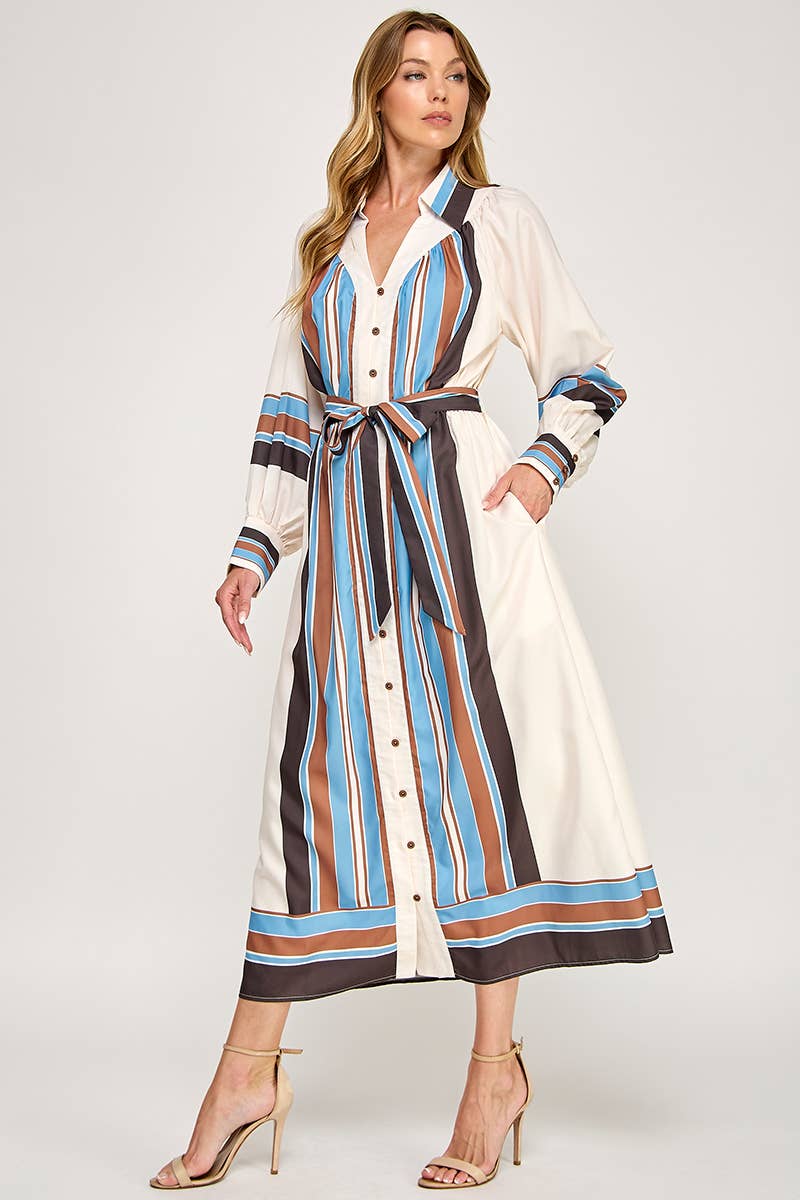 Belted Striped Button Down Maxi Shirt Dress