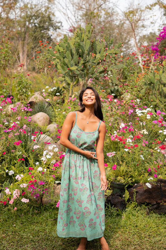 Block Printed Cotton Sundress with Hand embroidery (Amelia)