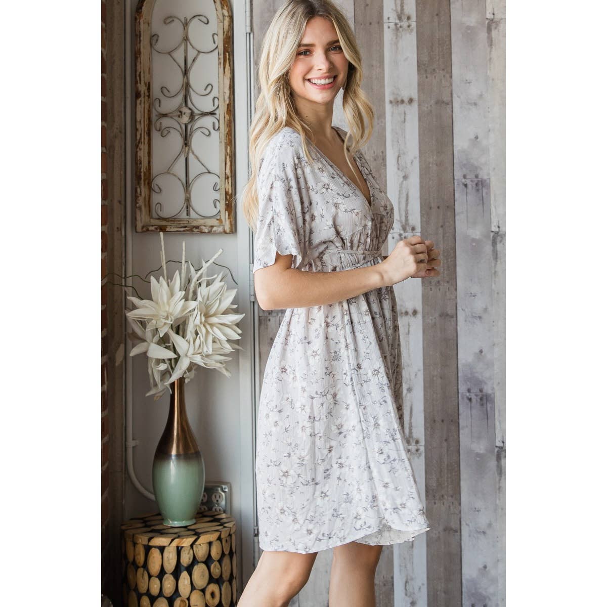 Floral Deep V Neckline Tie Waist Dress