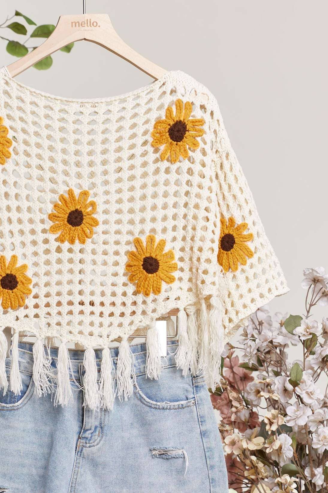 Boat Neck Crochet SunFlower Top with Fringe detail