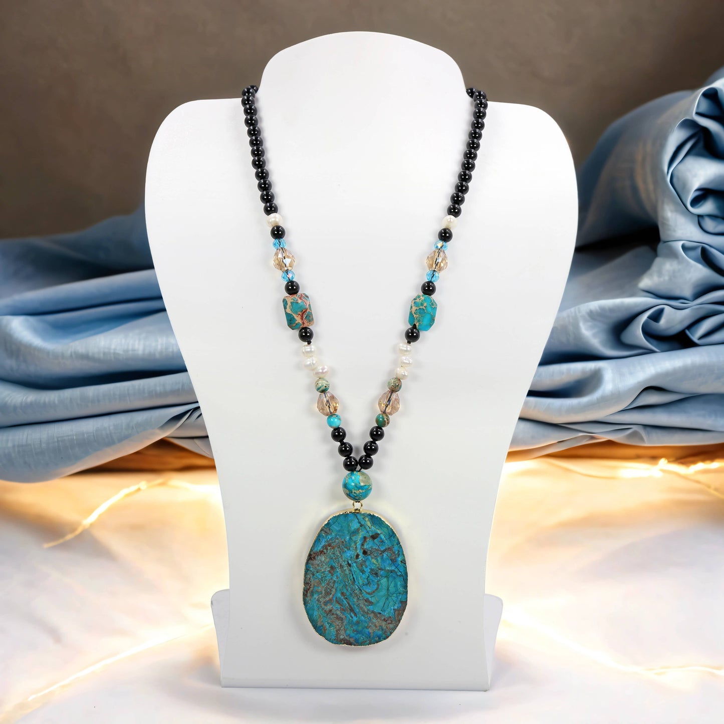 Onyx and Imperial Jasper Geo Pendant Necklace