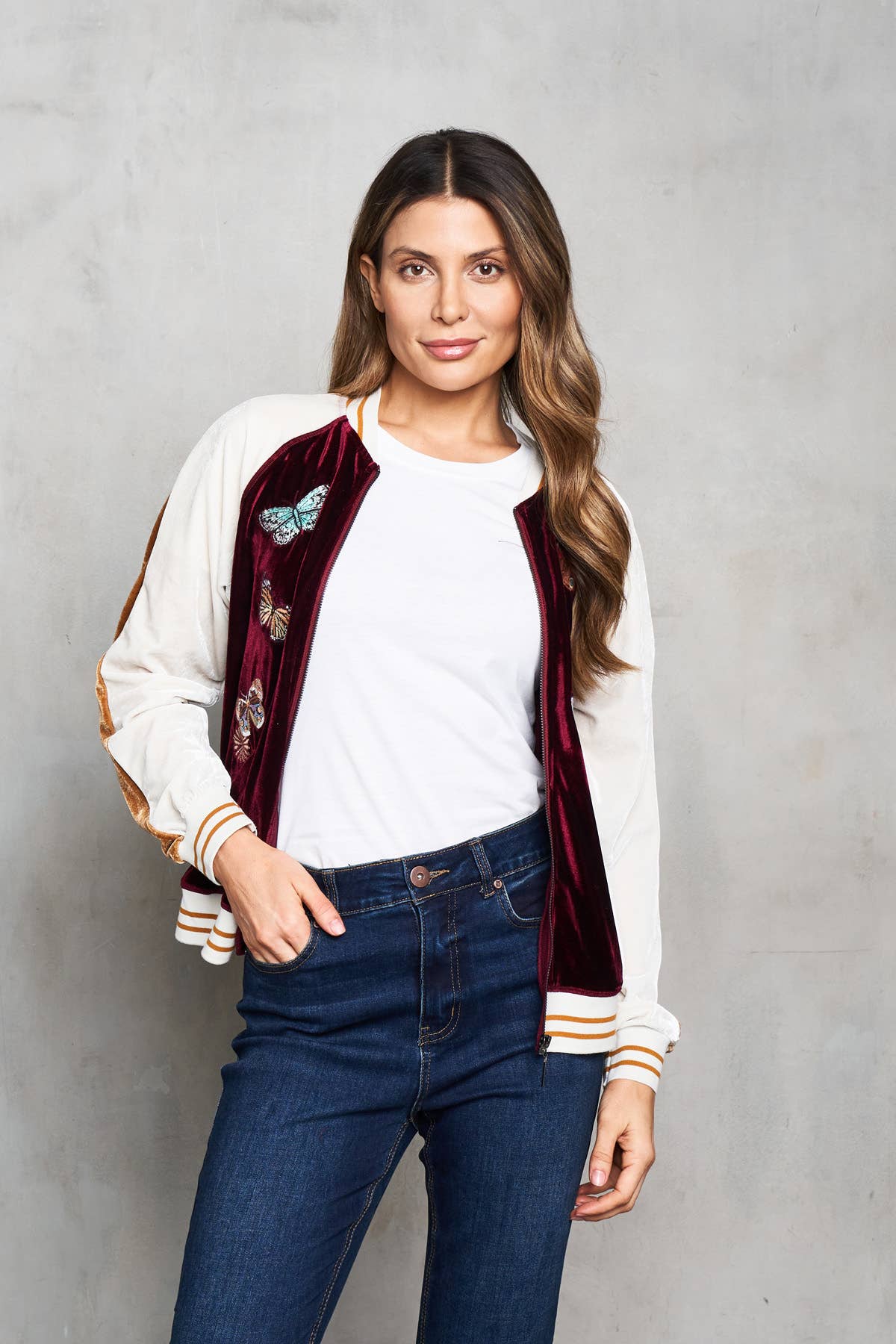 Velvet Embroidered  Baseball Jacket with Butterflies