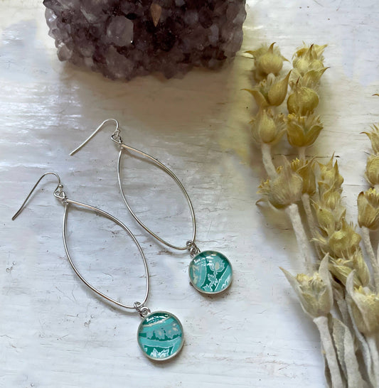 Silver Navette Drop Earrings - paisley pattern , teal blue