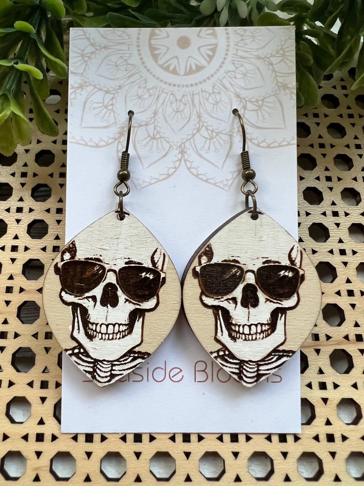 Skeleton hand painted lightweight wood earrings