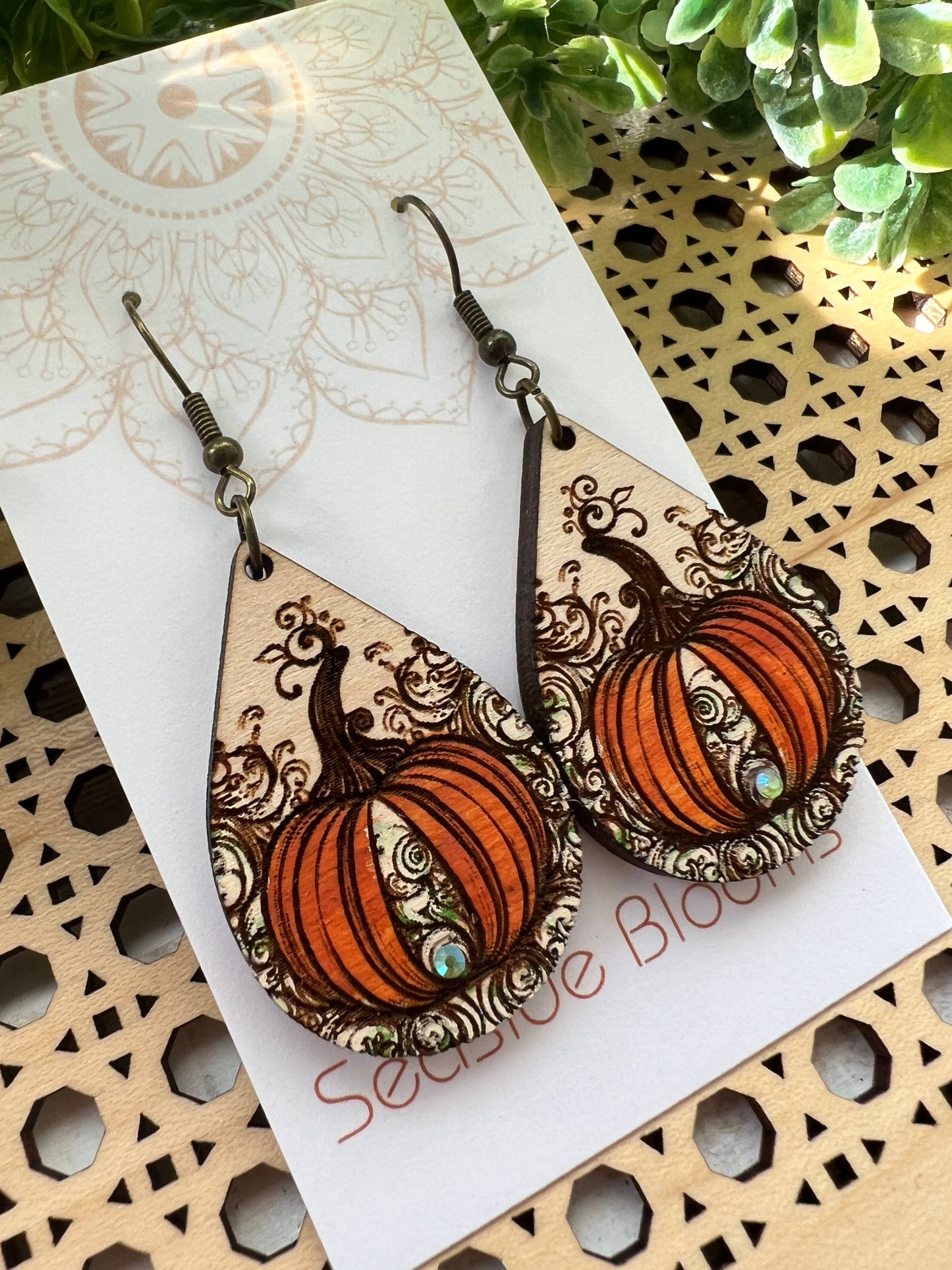 Pumpkin  hand painted lightweight  maple wood earrings   