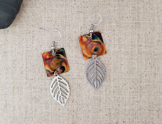 Flame Paint Square and Stainless Leaf Earrings