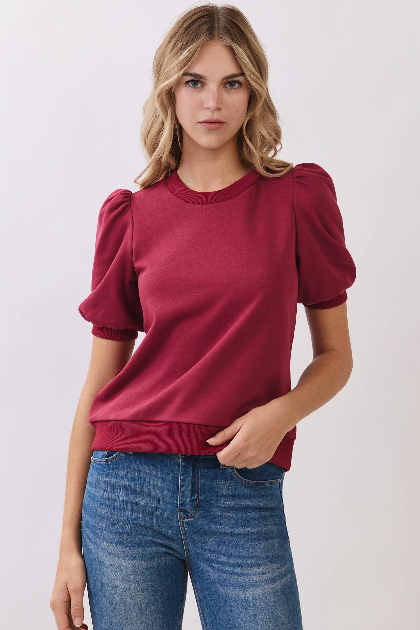 CT8936-Crew Neck Short Puff Sleeves Knit Top