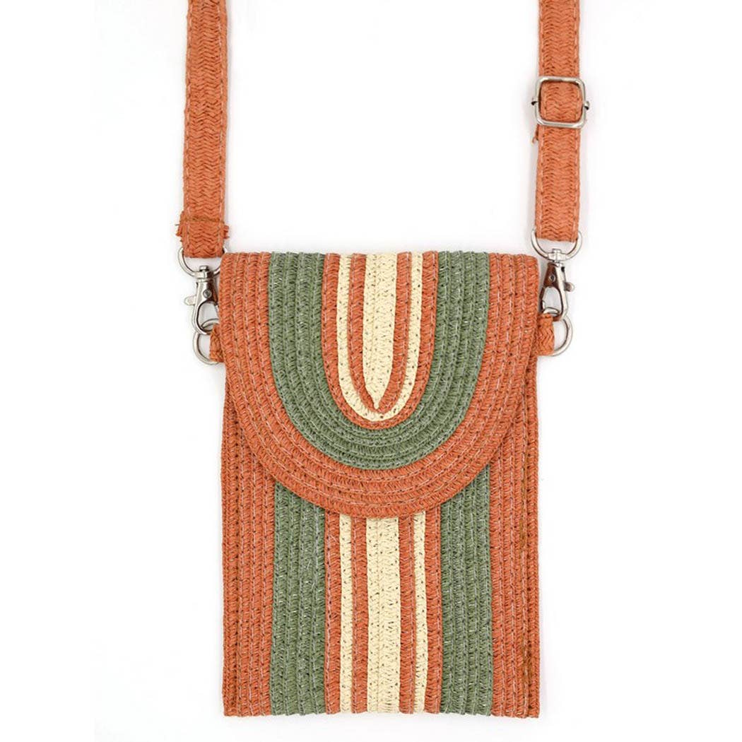 STRIPED PATTERN STRAW CELLPHONE CROSSBODY BAG
