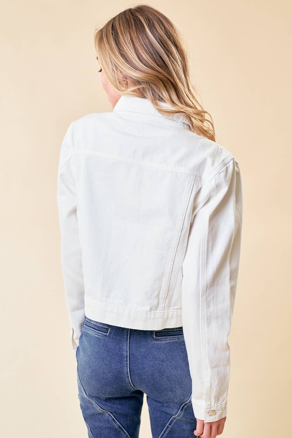 IVORY ESCAPE OFF WHITE DENIM CROPPED BUTTON DOWN JACKET