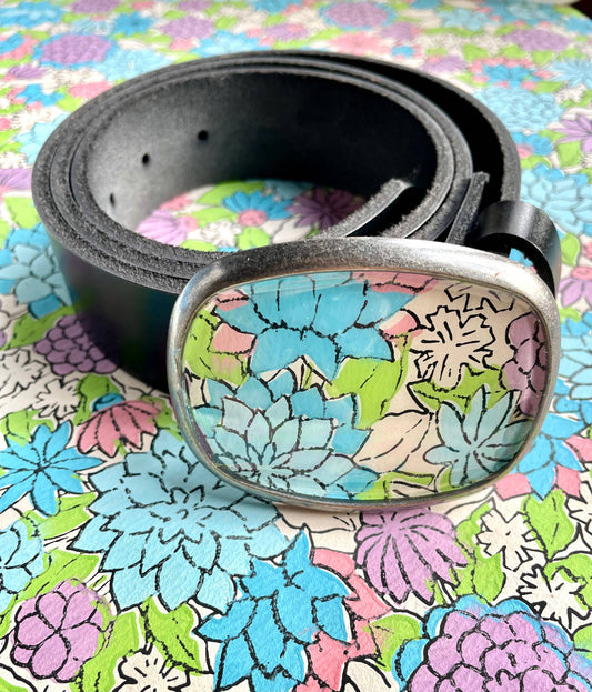 Belt buckle, pastels - vintage flowers, preppy, pink + green