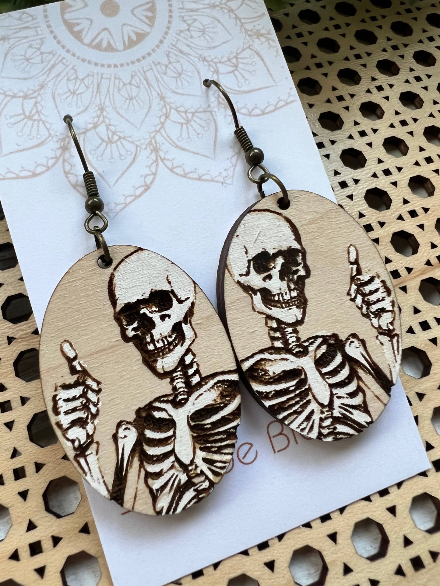 Skeleton hand painted lightweight wood earrings