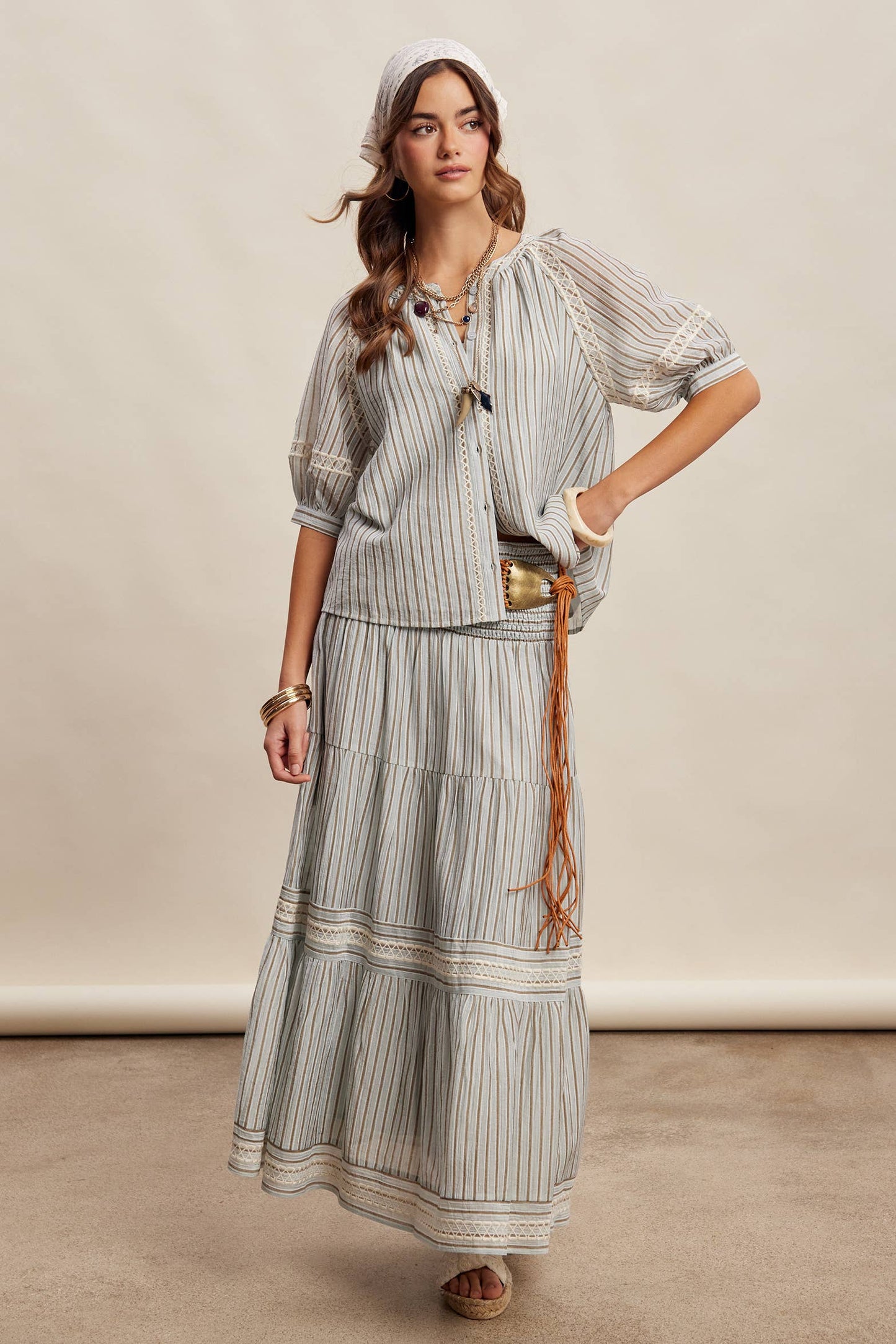 Striped Smocked Maxi Skirt with Embroidery Accents LSK0280
