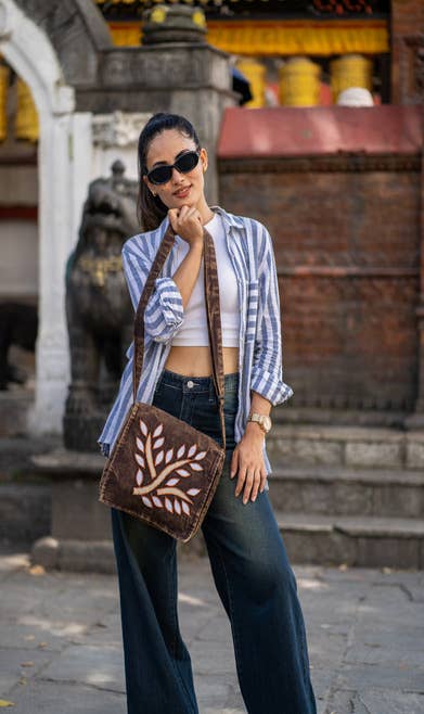 Cotton Brown Falling Leaf Shoulder Bag - Handcrafted Handbag